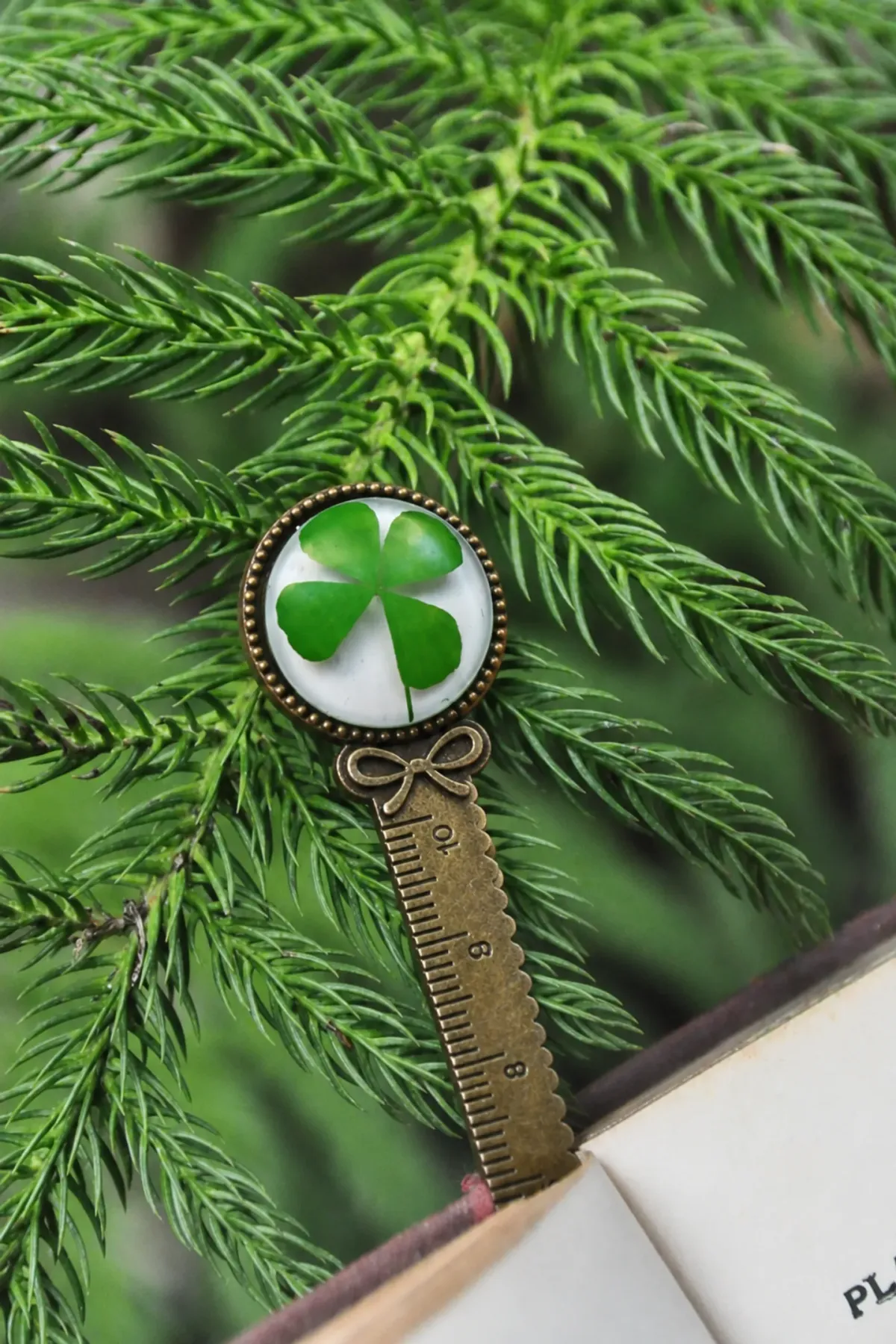 A real four-leaf clover preserved in resin on an Alankaara bookmark