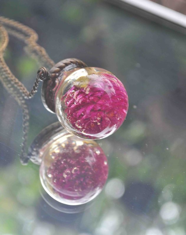 Deep Pink Gomphrena / Vadaamalli Amulet Glass Globe Necklace