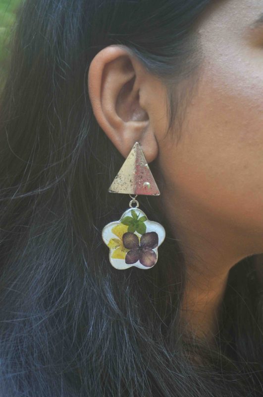 Vintage Silver Arrow Earrings with Pansy, Hydrangea and Stargrass