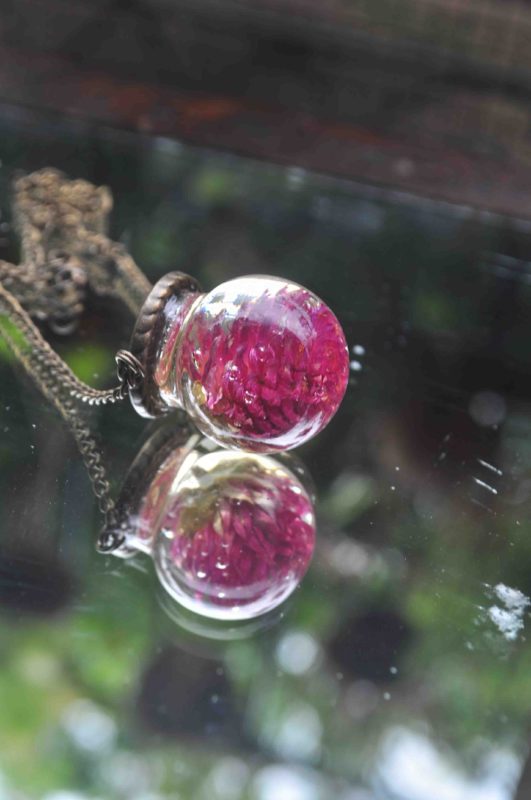 Deep Pink Gomphrena / Vadaamalli Amulet Glass Globe Necklace