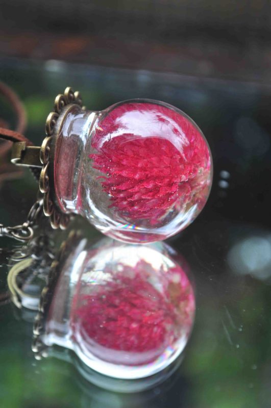 Dark Pink Gomphrena / Vadaamalli Amulet Glass Globe Necklace