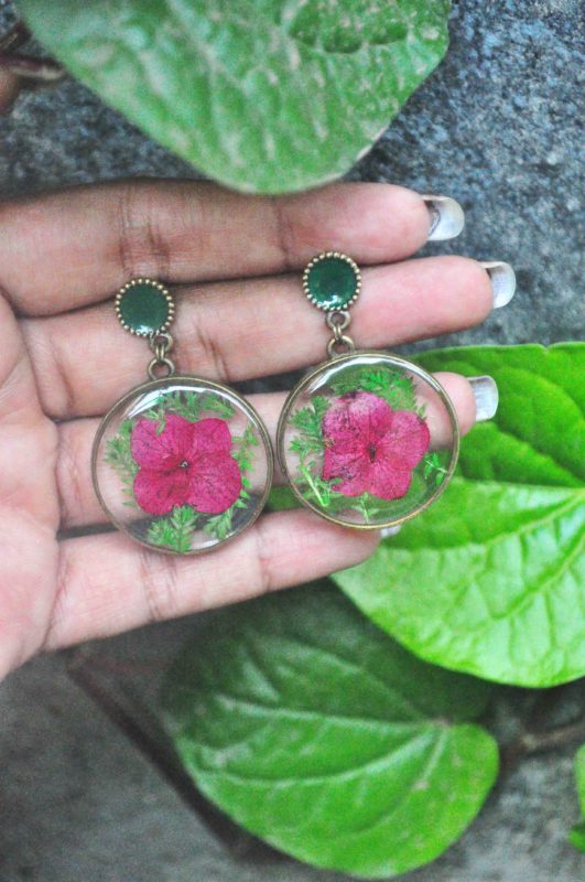 Pink Hydrangea with Wormwood Fern Earrings