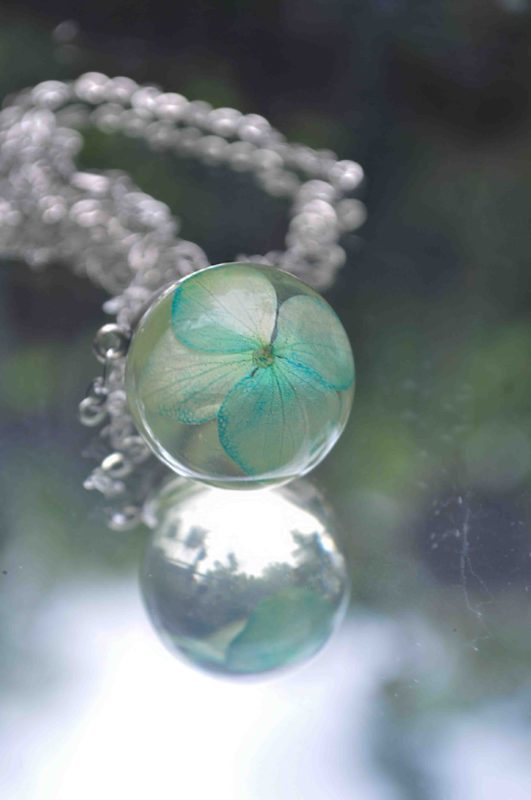 Pale Blue Hydrangea Amulet Glass Globe Necklace