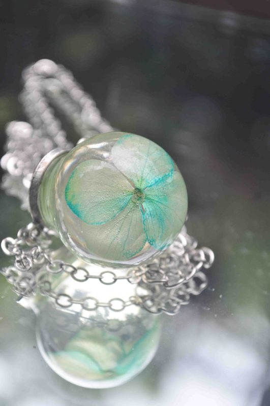Pale Blue Hydrangea Amulet Glass Globe Necklace