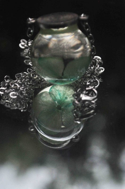 Pale Blue Hydrangea Amulet Glass Globe Necklace