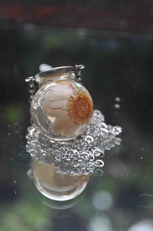 White Daisy Amulet Glass Globe Necklace