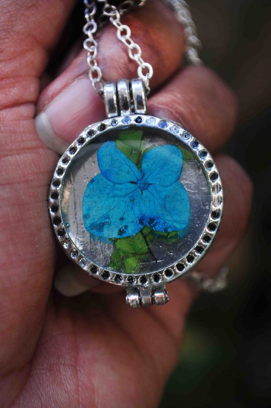 Concealed Memory Locket with Azure Hydrangea - For the Meditative Calm