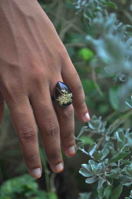 Tear Drop Queen Anne's lace Ring on Dark Brown Enamel