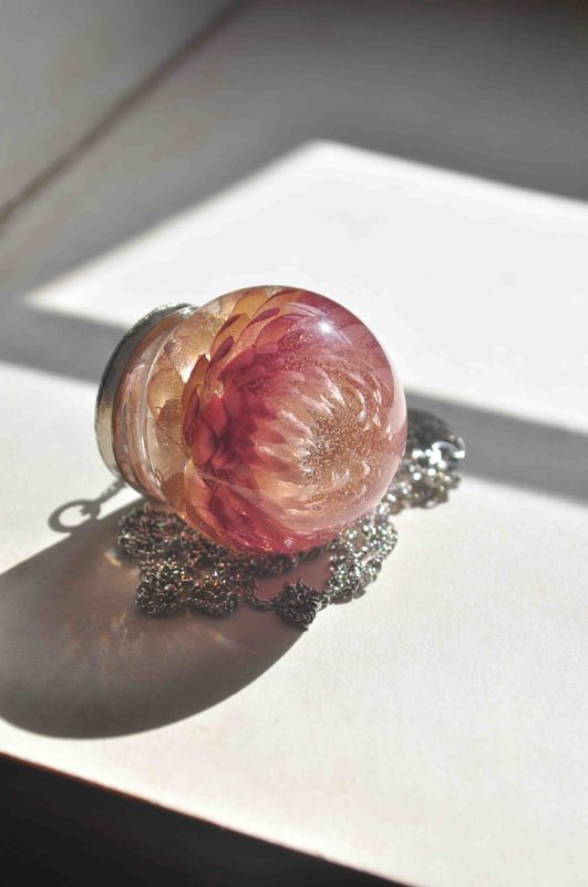 Everlasting Shades of Pink Lotus Straw Flower Globe Necklace - Glass with Resin and Brass