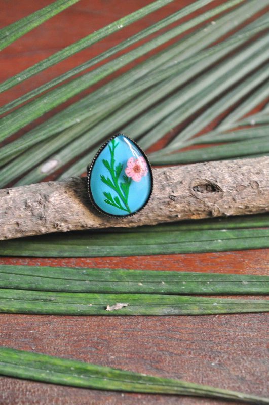 Wisteria and Pink wildflower on Teal Enamel Ring