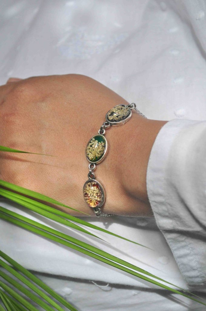 Dried Flower Resin Silver Adjustable Bracelets Queen Anne/'s Lace Dried Flower Bracelet