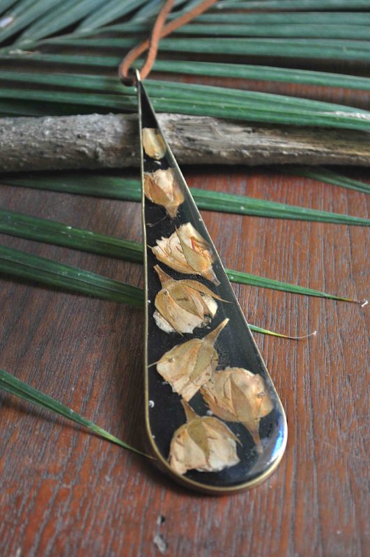 White Rose on Black Enamel Tear Drop Necklace