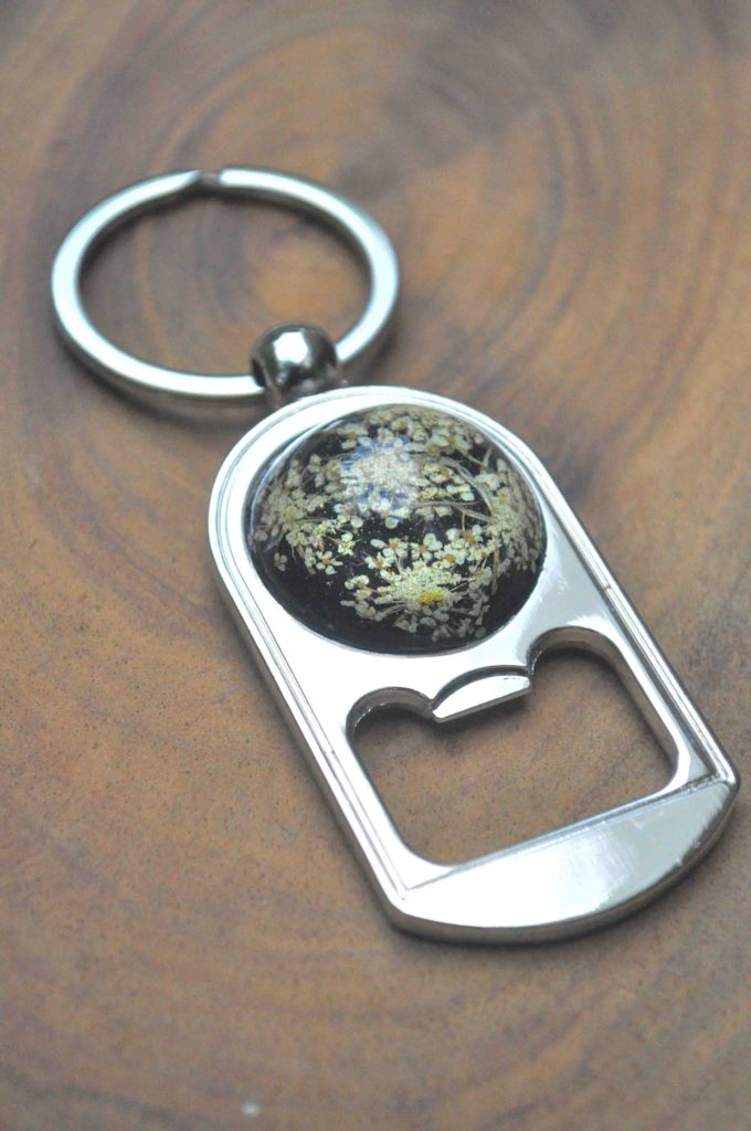 Ivory Bishop's Lace on Coal Black Velvet Enamel Keychain / Bottle Opener