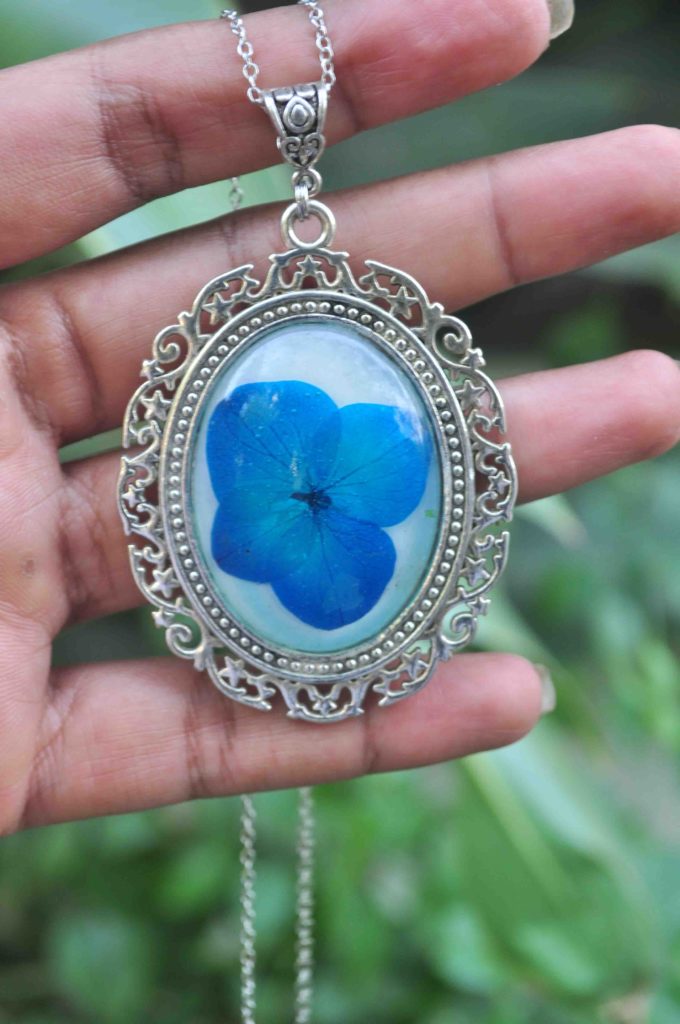 Azure Hydrangea Necklace Victorian Engraving