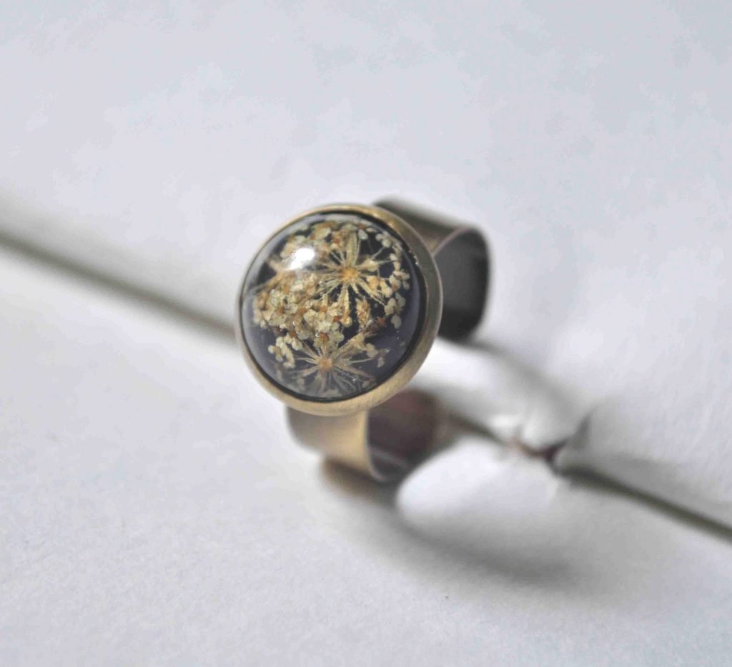 White Queen Anne's Lace on Black banded adjustable ring