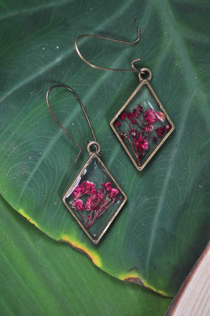 Pink Gypsophillia Preserved in Diamond Brass Earrings
