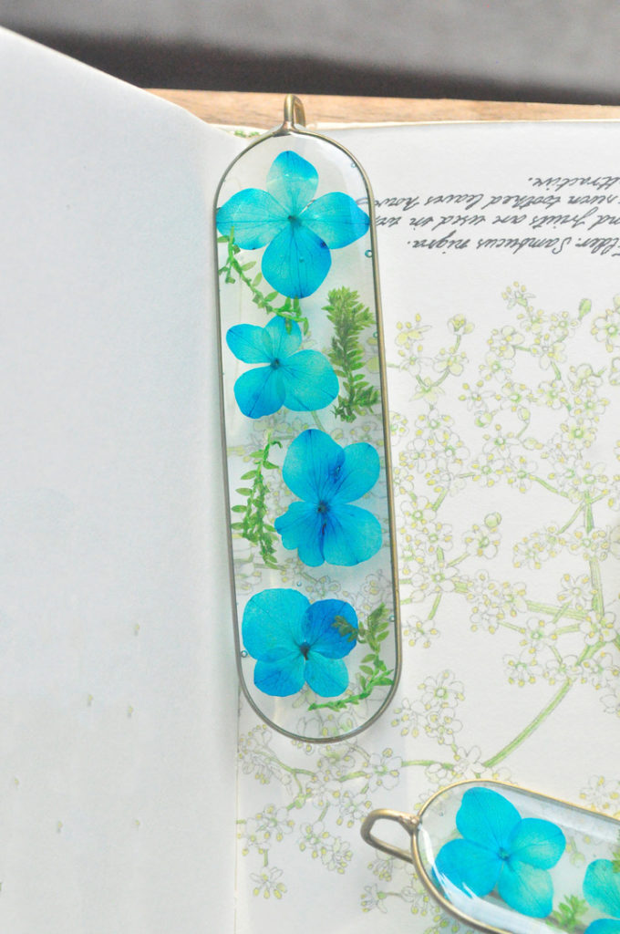 Serenity Bookmark in Solid Brass Wire with Azure Hydrangea and Greens