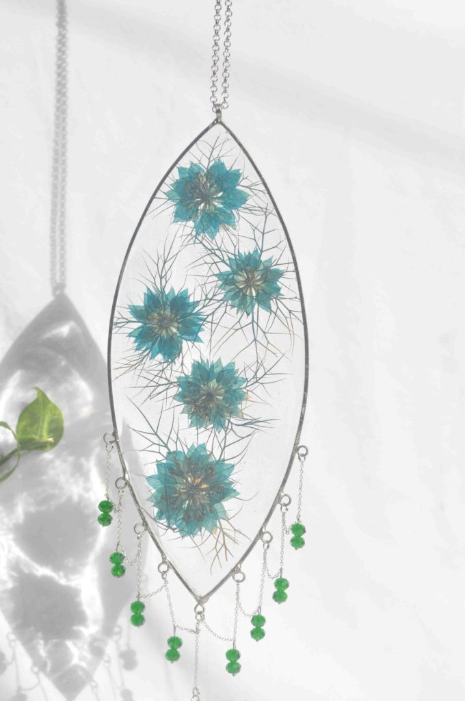 Evil Eye Refractive Crystal Suncatcher - Amulet / Wall Hanging with Aged Persian Jewel Flowers