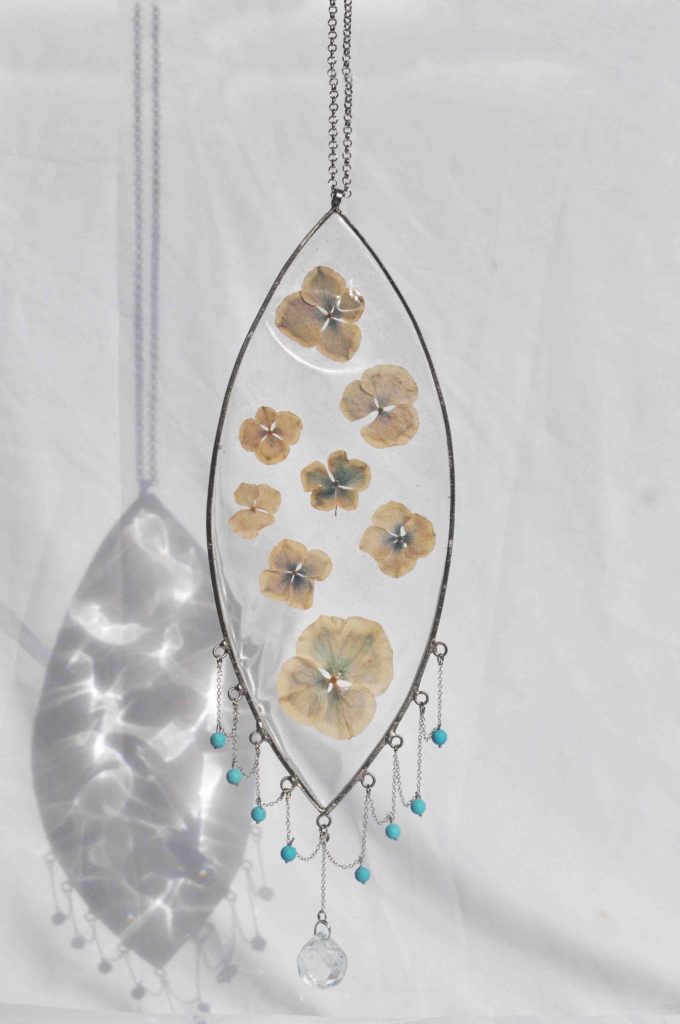 Evil Eye Refractive Crystal Suncatcher - Amulet / Wall Hanging with Ash Blue Hydrangea