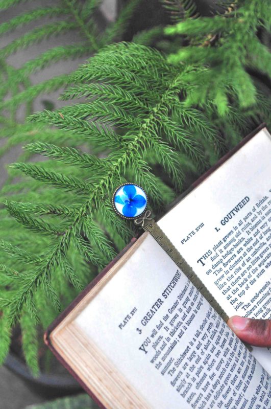 Solid Brass Bookmark with Ruler Markings with Preserved Azure Hydrangea