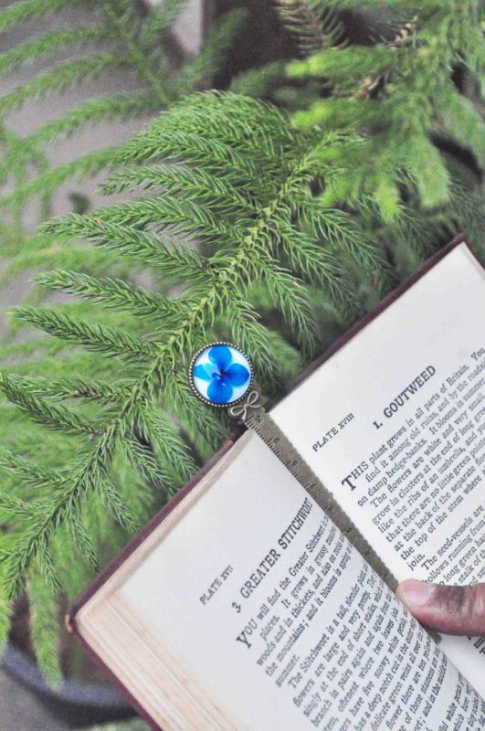 Solid Brass Bookmark with Ruler Markings with Preserved Azure Hydrangea